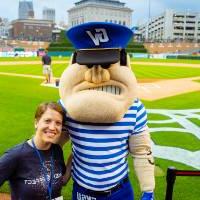 Woman with Louie the Laker at Comerica Park